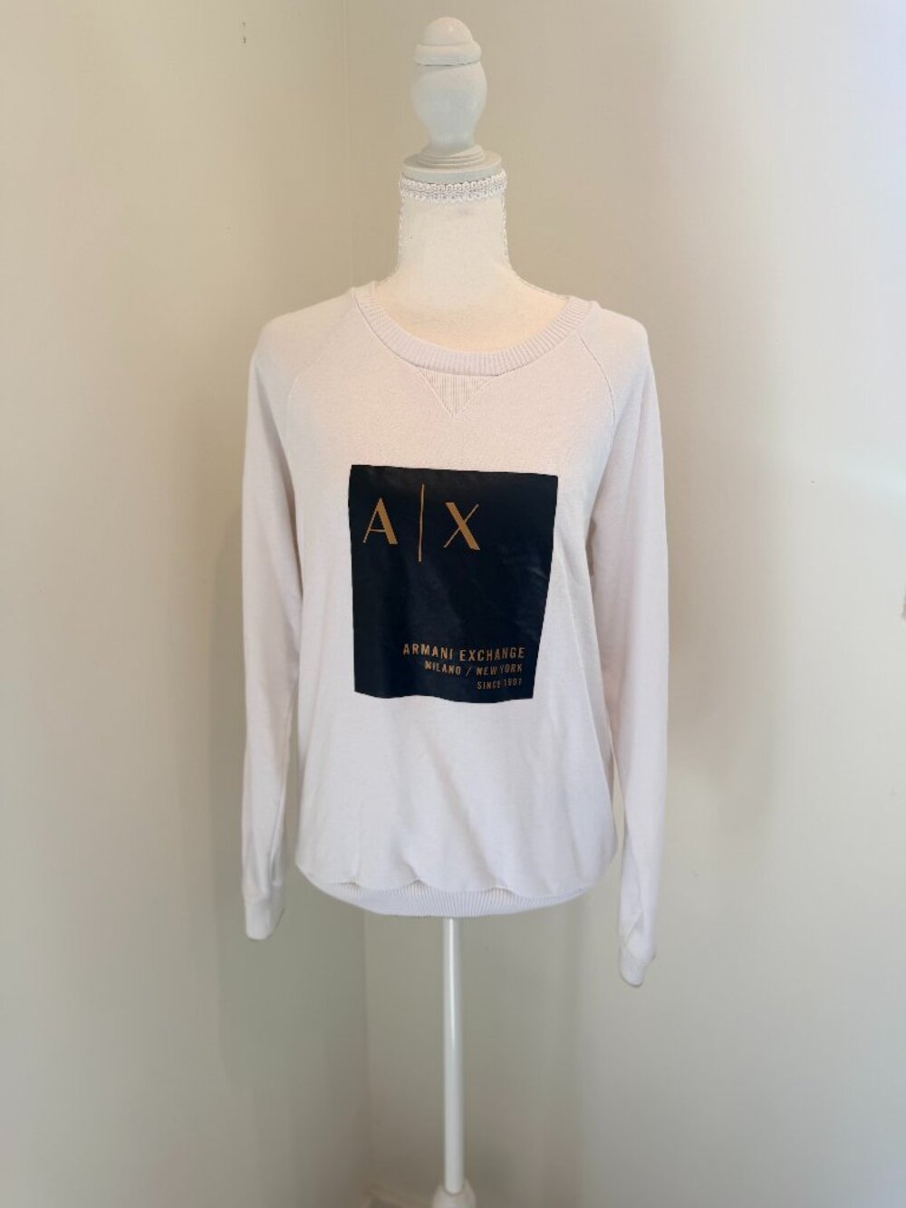 Armani Exchange White Crewneck Sweatshirt Black Gold Graphic Logo M/W MED